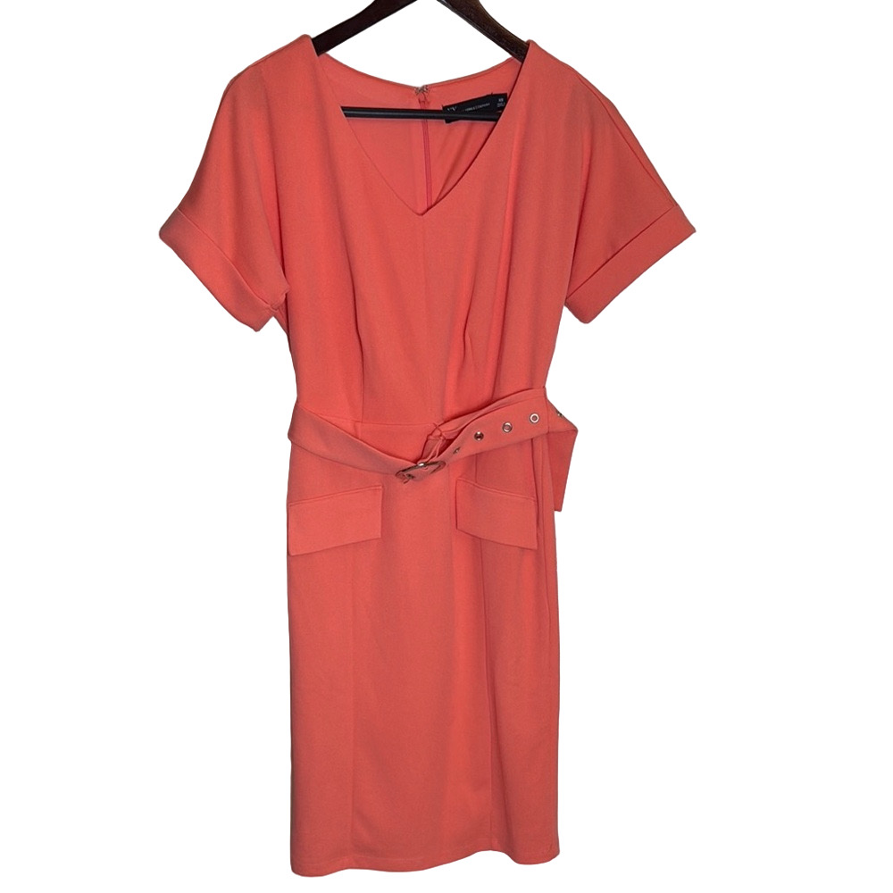 New York & Co Soft Orange Belted V-Neck Classic Midi Dress XS Career Chic New - Picture 3 of 17